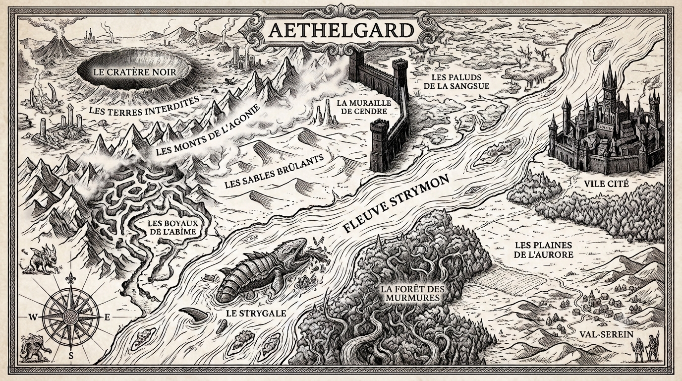 Carte du monde d'Aethelgard : Le Cratère Noir, les Terres Interdites, la Muraille de Cendre, Vile Cité, le Fleuve Strymon et la Forêt des Murmures